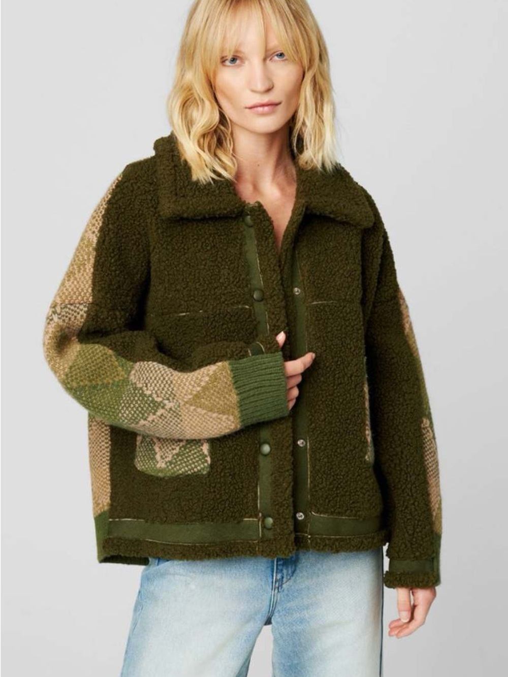Blank NYC Olive Green Teddy Jacket with Patterned Sleeves
